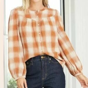 Universal Thread Shirt Top Womens M Peasant Plaid Puff Long Sleeve Button Down